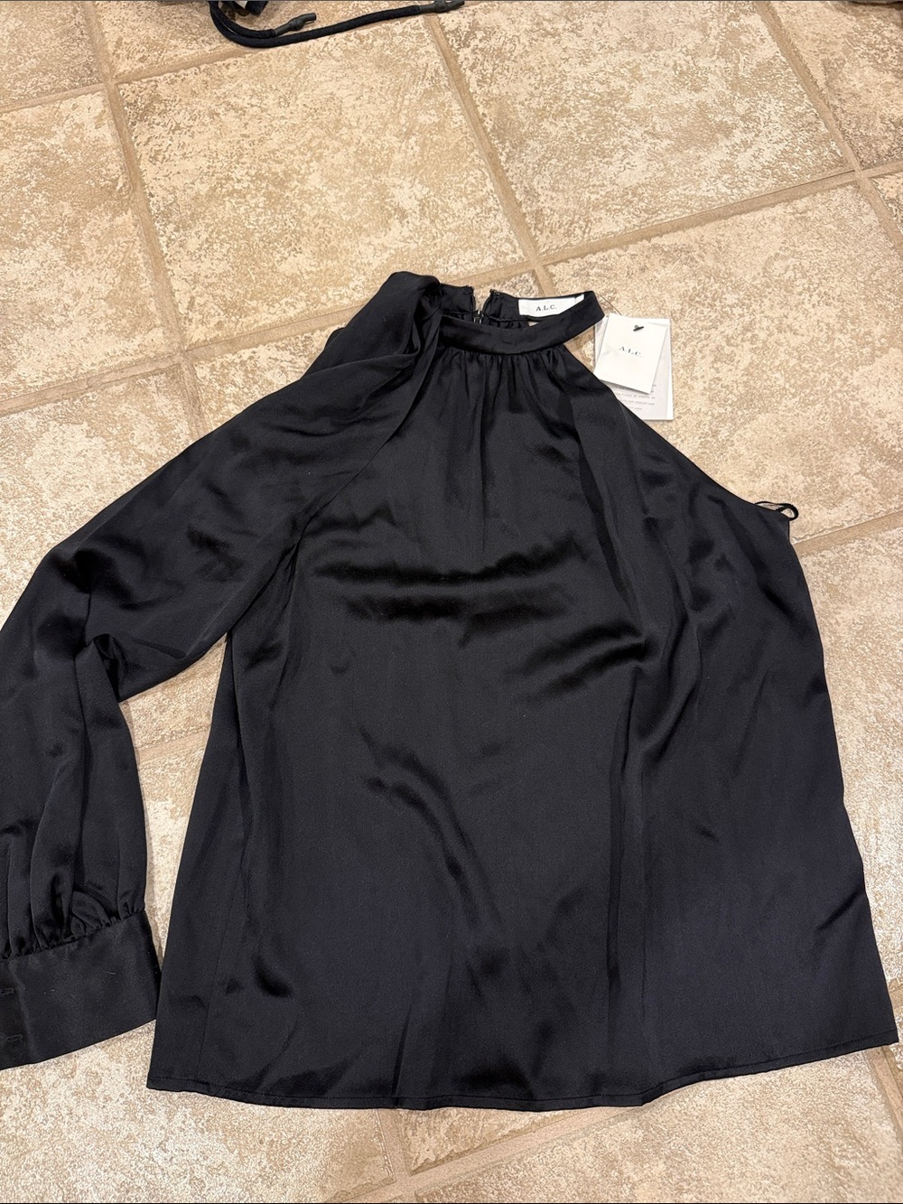 A.L.C. Black Satin High-Neck Cold-Shoulder Blouse